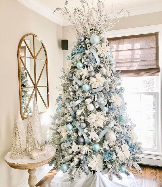 a flocked Christmas tree decorated with silver, pastel and Tiffany blue ornaments, ribbons and white fabric poinsettias
