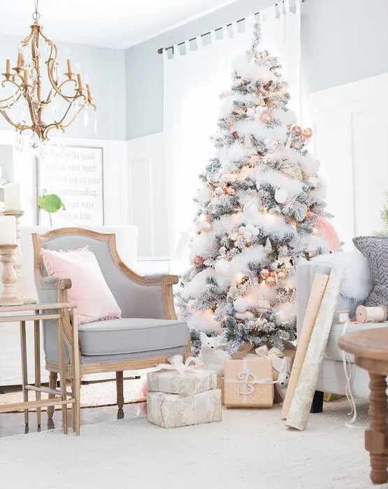 a flocked tree with gold and copper Christmas ornaments and shiny touches is a very chic and elegant solution