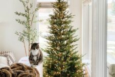 a modern Christmas tree decorated with only lights and placed into a basket is a lovely idea for a modern space