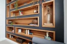 a stylish living room design with built-in shelves