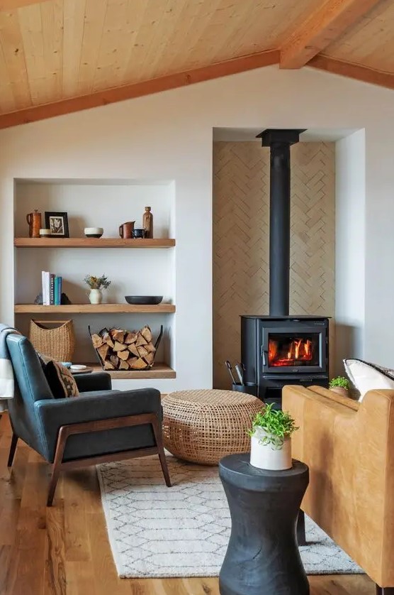 a niche with a hearth and a niche with wooden shelves are a great way to accent them and show off what's inside
