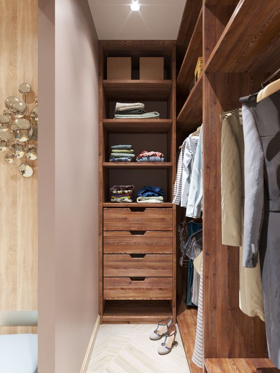 a rich-stained narrow closet with open shelves and drawers, some lights over the space is a well-organized and cool space