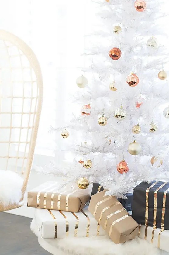 cute gold, copper and glitter ornaments will make your white Christmas tree more special