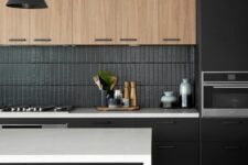 13 an elegant contemporary black and timber kitchen with sleek cabinets, a matte black kitchen backsplash, a black kitchen island