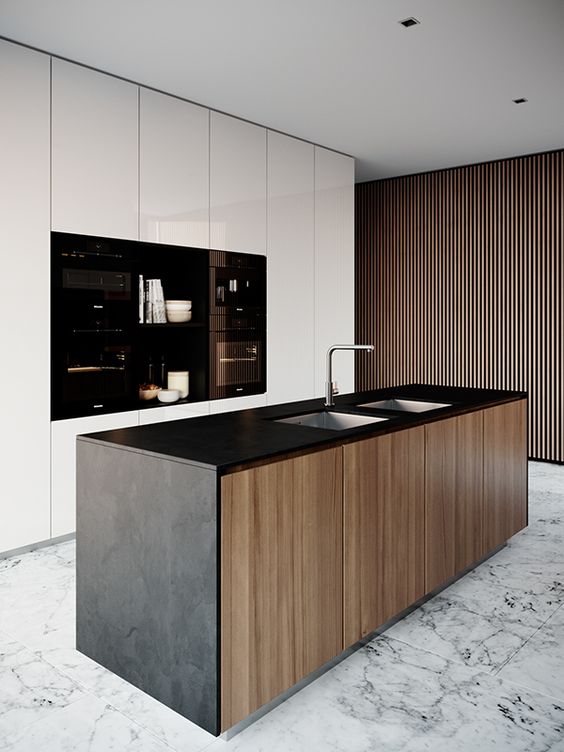 a jaw-dropping ultra-minimalist kitchen with sleek white cabinets and built-in appliances, a black kitchen island with timber doors
