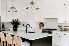 32 a modern white farmhouse kitchen with shaker cabinets, a black kitchen island, white woven stools and sphere pendant lamps