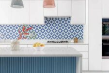 a stylish kitchen with a geometric backsplash