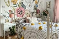 16 a teenage bedroom with a floral wall, a white metal bed, printed bedding, blush curtains, a cool chandelier and a plant in a basket