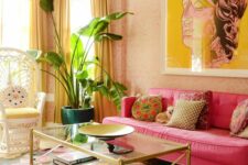a colorful living room with a papasan chair