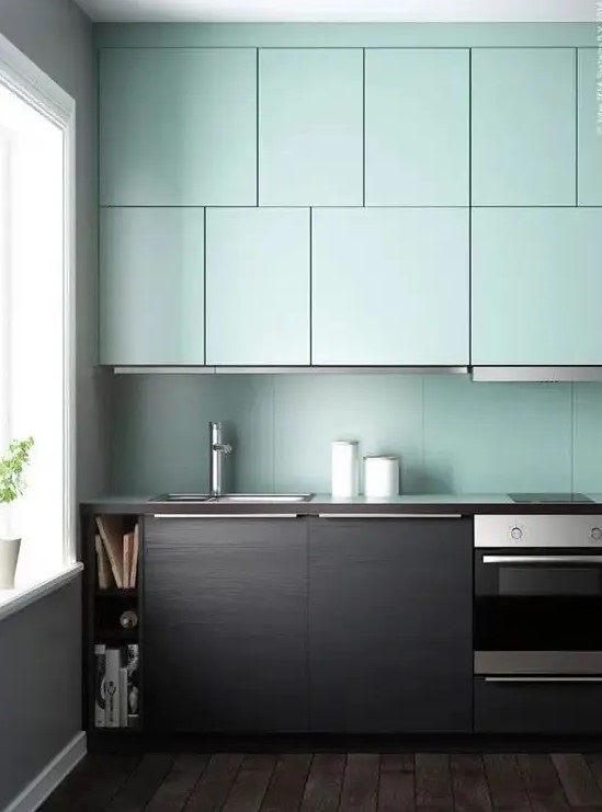 a dark stained wood and mint blue kitchen with a mint backsplash looks very contrasting and unusual