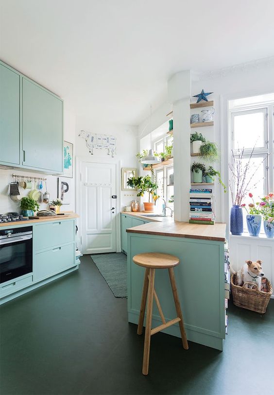 a mint blue kitchen with flat panel cabinets, stained butcherblock countertops and a stool, potted plants is a lovely space