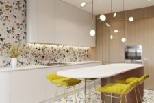 a pretty contemporary kitchen with light-stained flat panel curved cabinets, a large curved kitchen island, yellow stools