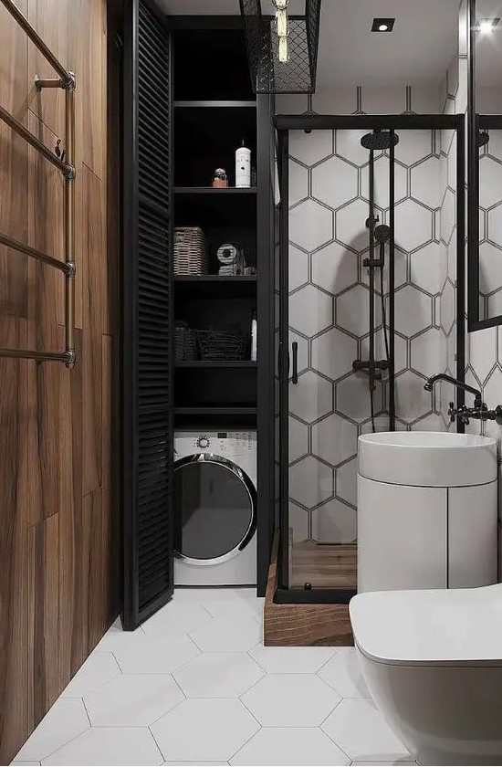 a modern monochromatic bathroom with a hidden washing machine and storage space next to the shower