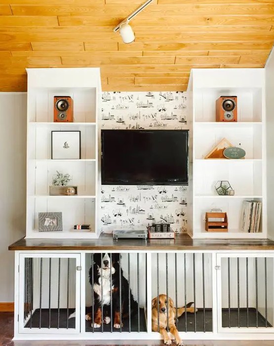 a practical TV unit with a dog crate