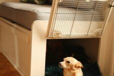 a bench for a dining room with a built-in dog crate is a stylish and cool idea for a modern space, and your pet is next to you