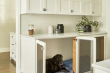 a build-in dog crate in the furniture in the kitchen is a good idea, your pet can spend time here