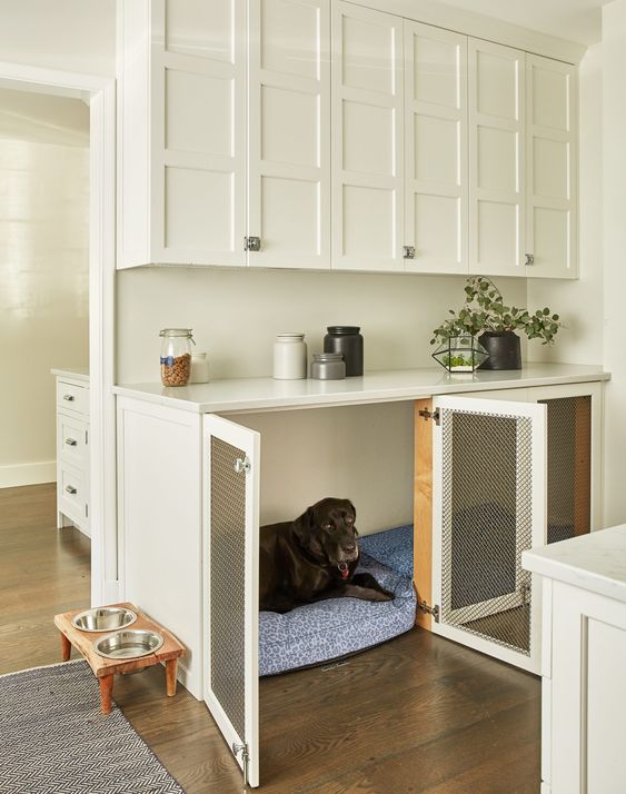 a build in dog crate in the furniture in the kitchen is a good idea, your pet can spend time here