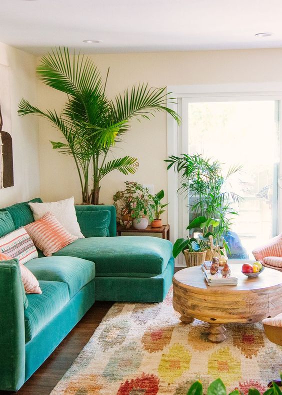 a colorful living room with a turquoise sectional, a colorful rug, a round coffee table and potted greenery