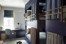 a cozy kids’ room with a block of navy bunk beds, a navy desk and a grey chair, a printed rug and some toys