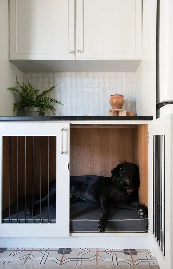 a kitchen nook with a lower cabinet turned into a dog crate is a cool and very functional idea for your home