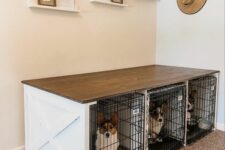 a large farmhouse shared dog kennel with a stained countertop is a cool idea for a mid-century modern space