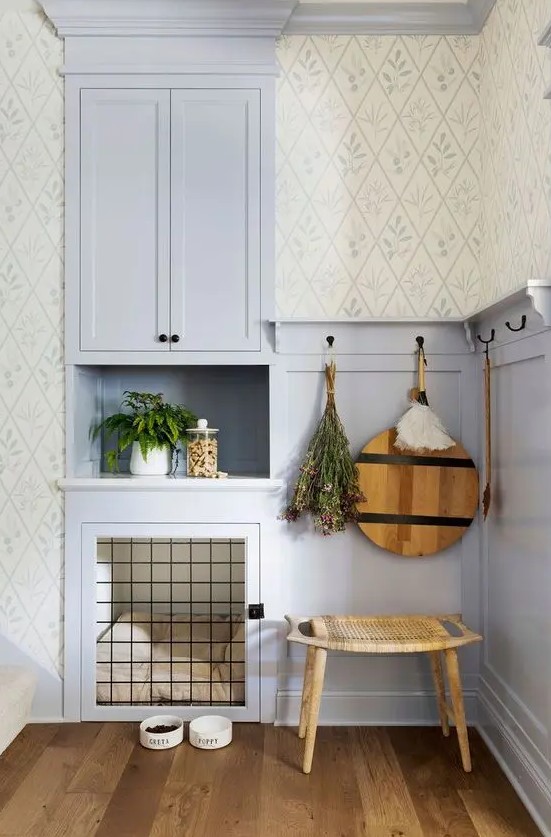 a lilac nook with paneling, a built-in cabinet, a built-in dog crate with a soft cushion is a lovely idea for a rustic space