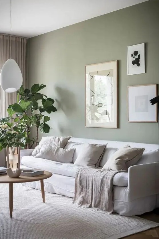 a lovely living room with a sage green accent wall, a white sofa and neutral pillows, a gallery wall, a round coffee table and potted plants
