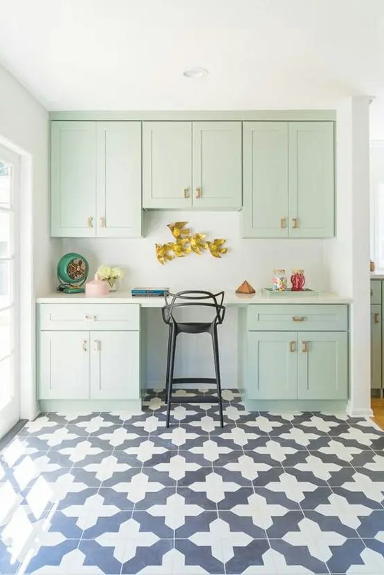 a mint green working space with kitchen cabinets, some decor and a tall stool is a lovely addition to your kitchen, done in the same style