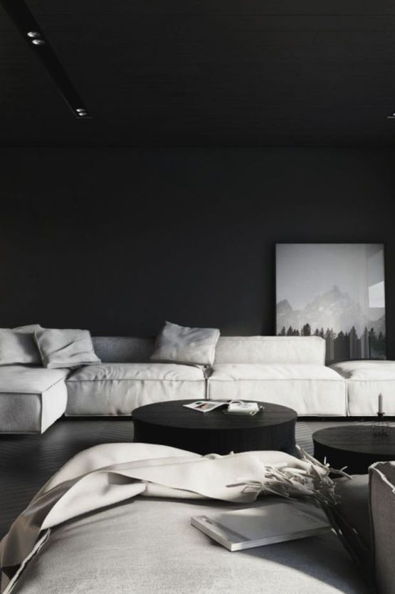 a moody living room with black walls and a ceiling, low grey seating furniture and black round walls for monochrome lovers