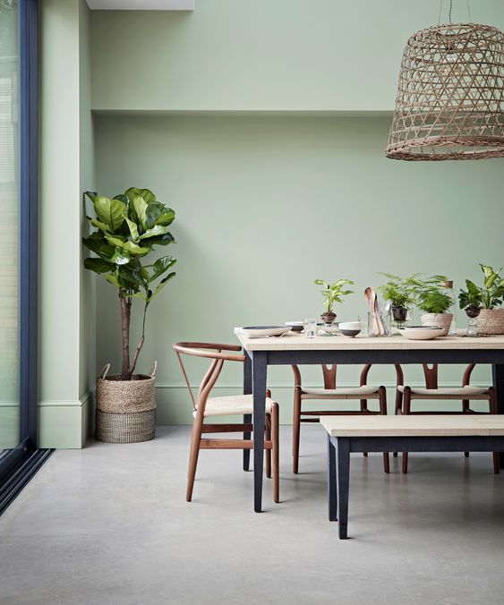 a sage green dining space with a stylish dining table, a bench and some chairs, potted plants and a woven pendant lamp