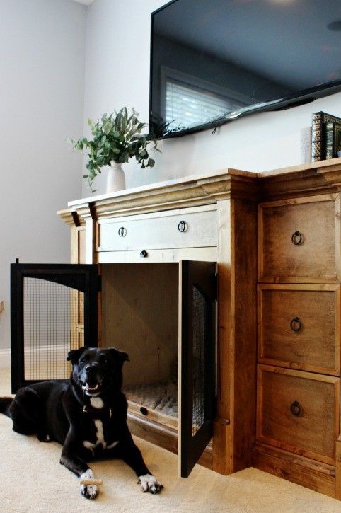 a stained TV unit with drawers and a built-in dog crate with black doors is a cool solution to keep your pet safe