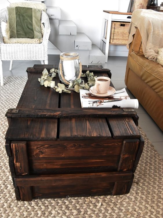 a vintage dark stained tool trunk is a nice fit for a farmhouse or mid century modern living room, it will add texture and color