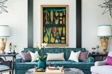 a whimsical living room with a turquoise printed sofa, a stone coffee table, printed chairs and a printed rug