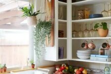 an open upper corner cabinet for displaying dishes, mugs, glasses, potted plants is a cool idea for a kitchen where there’s enough storage space