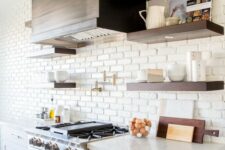 02 a chic farmhouse kitchen with a white brick statement wall that also acts as a kitchen backsplash