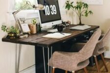 10 a dark-stained shared desk with hairpin legs and grey chairs, potted plants, a table lamp is a great space