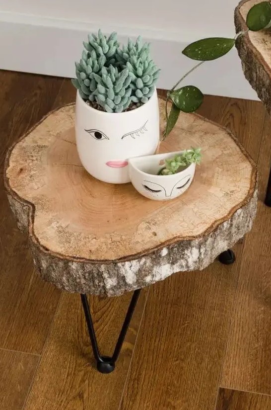 a lovely side table of a tree slice and black hairpin legs is a cool rustic piece that you can make yourself