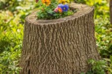 28 a tree stump with some bold blooms inside is a perfect and all-natural decoration for any garden