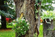 35 tree stumps with greenery and bright blooms plus greenery and blooms around are a catchy and super natural decoration for any garden