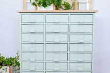 36 a vintage mint-colored apothecary cabinet with books, bottles, greenery is a delicate and chic idea for a shabby chic space