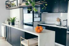 an interesting b&w kitchen design idea with open shelves
