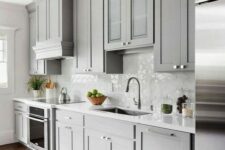 a chic modern farmhouse dove grey kitchen with a white tile backsplash and countertops plus a rich stained floor