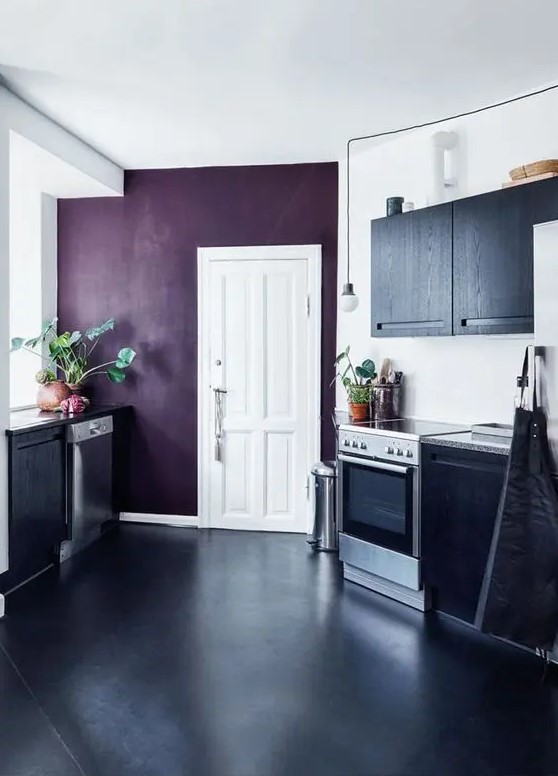 a contrasting black and white kitchen with a deep purple accent wall that adds color and interest to the space and makes it wow