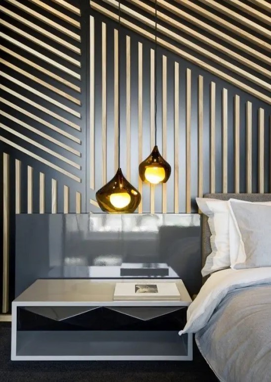 a metal accent wall with wooden slab geometric decor to create an accent wall and add interest to the space