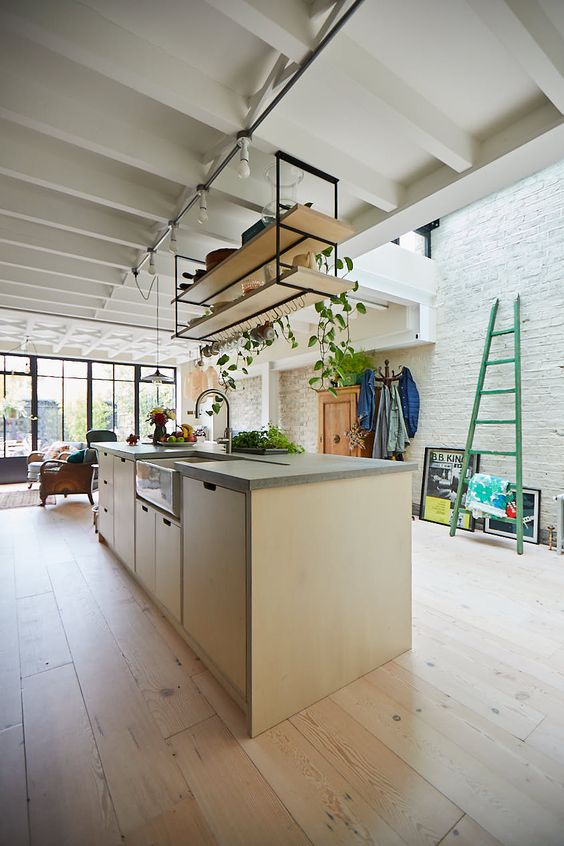 a modern light-stained plywood kitchen with suspended shelves, a skylight and lots of greenery