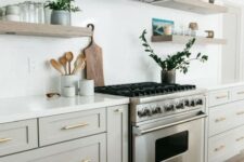 a cut neutral kitchen design with open shelves