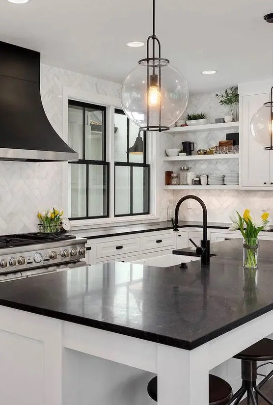 an elegant and polished black and white kitchen with shaker cabinets, open shelves, black countertops and black frame double-hung windows