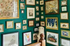 emerald walls with a floor to cieling gallery wall that takes them both – that’s a cool way to accent your staircase nook