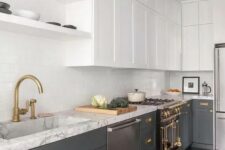 white upper cabinets and grey ones create a chic conctrast and the kitchen looks bigger and more ethereal