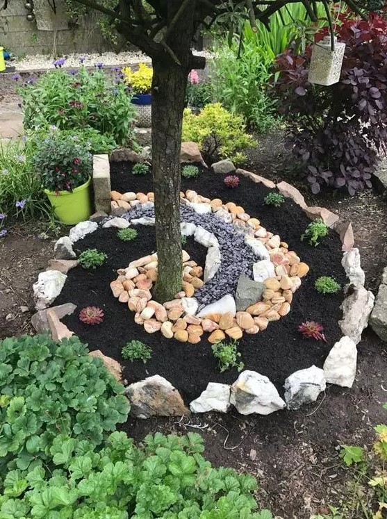 a creative swirl garden bed surrounding the tree, with various types of rocks and pebbles is a very cool solution